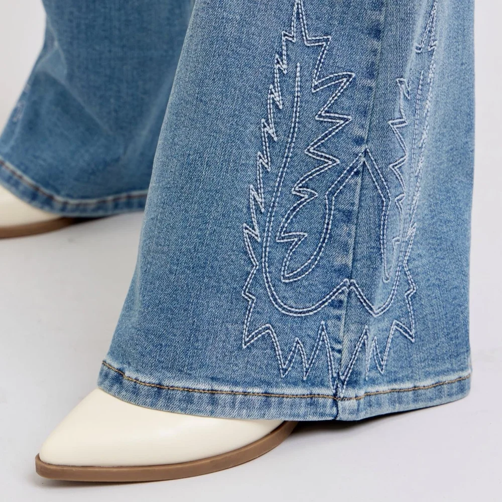 Judy Blue Light Blue High-Rise Flare Jeans with Bootstitch Embroidery - Picture 2 of 3